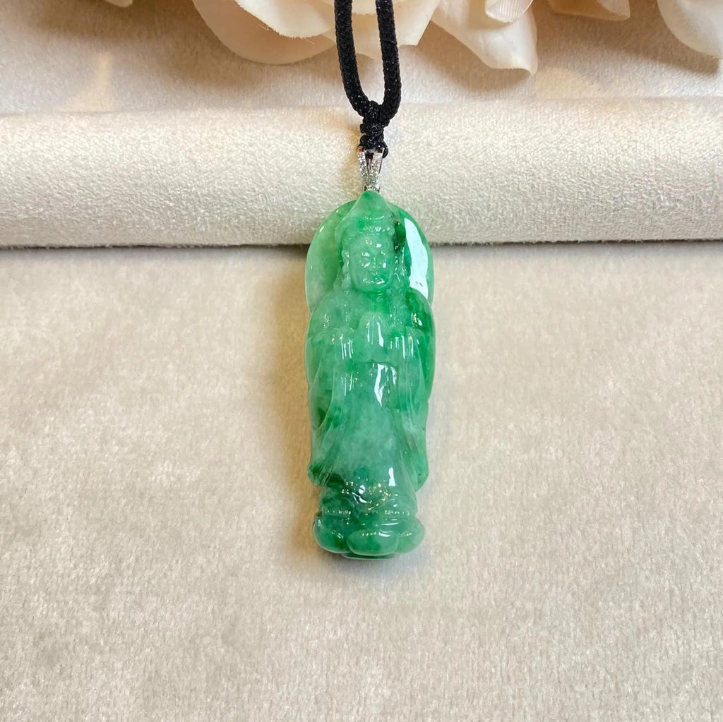 GuanYin Green Jade Pendant Necklace 18k White Gold Bail and Diamonds