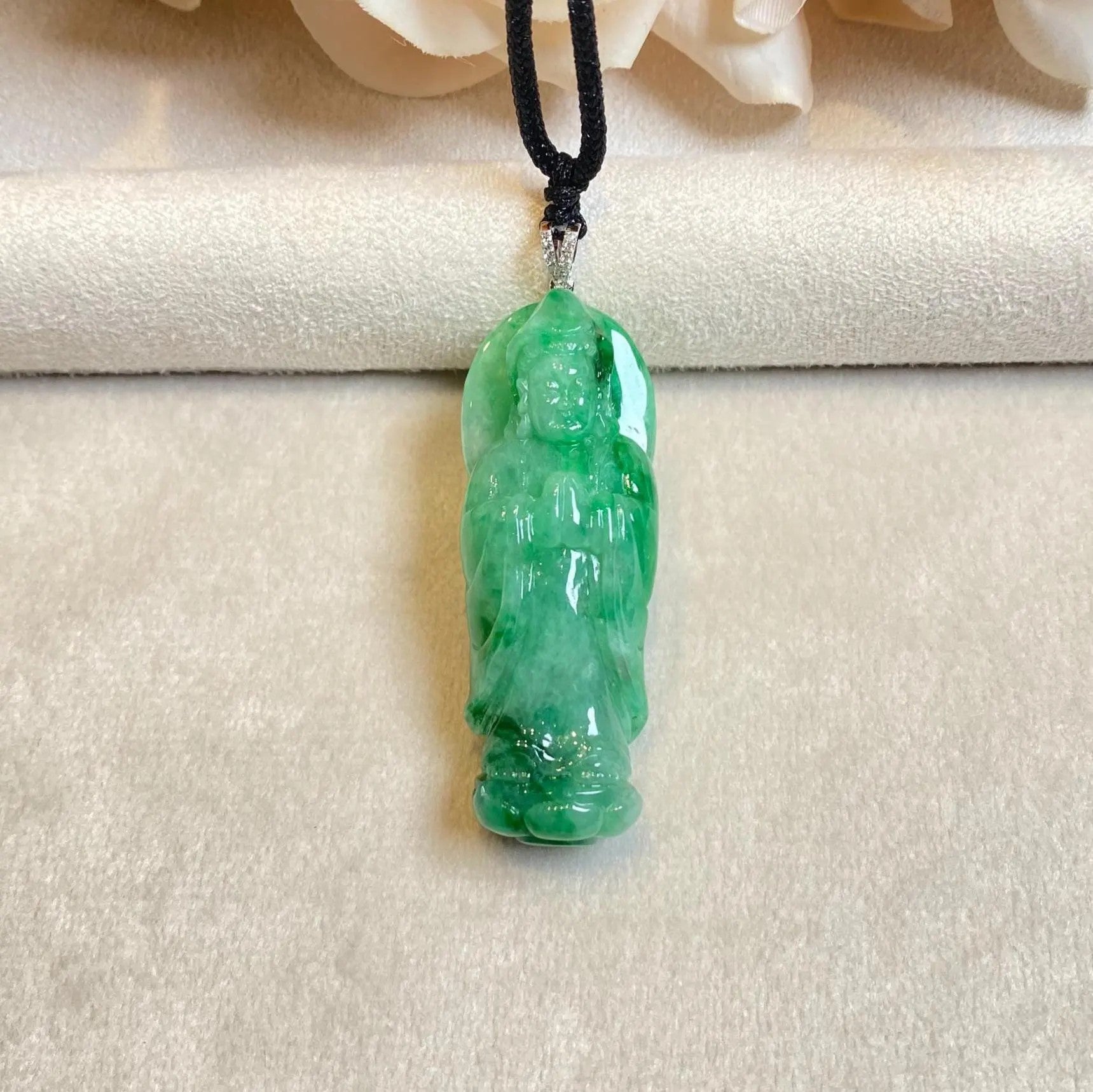 GuanYin Green Jade Pendant Necklace 18k White Gold Bail and Diamonds