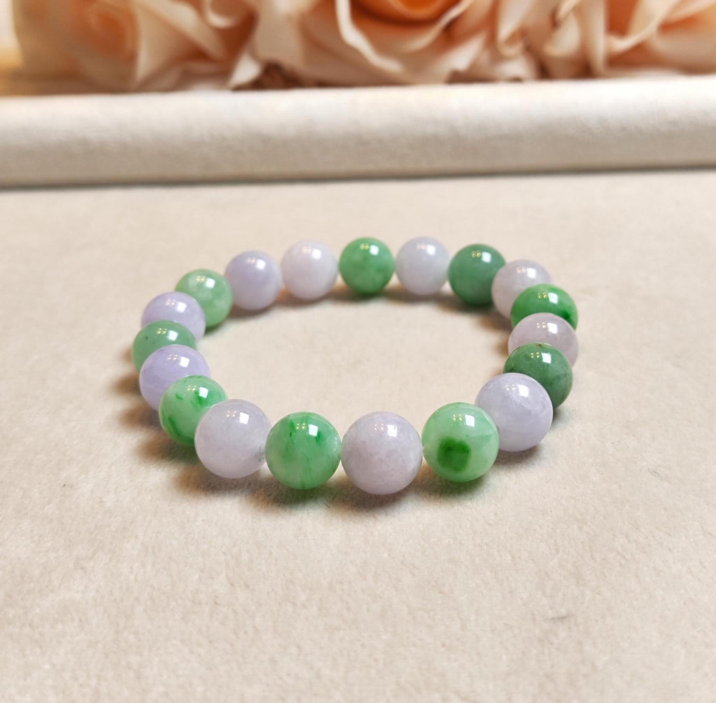 Alternating Green and Purple Jade Beaded Bracelet - 9-9.5mm Beads, 17cm, Natural Jadeite