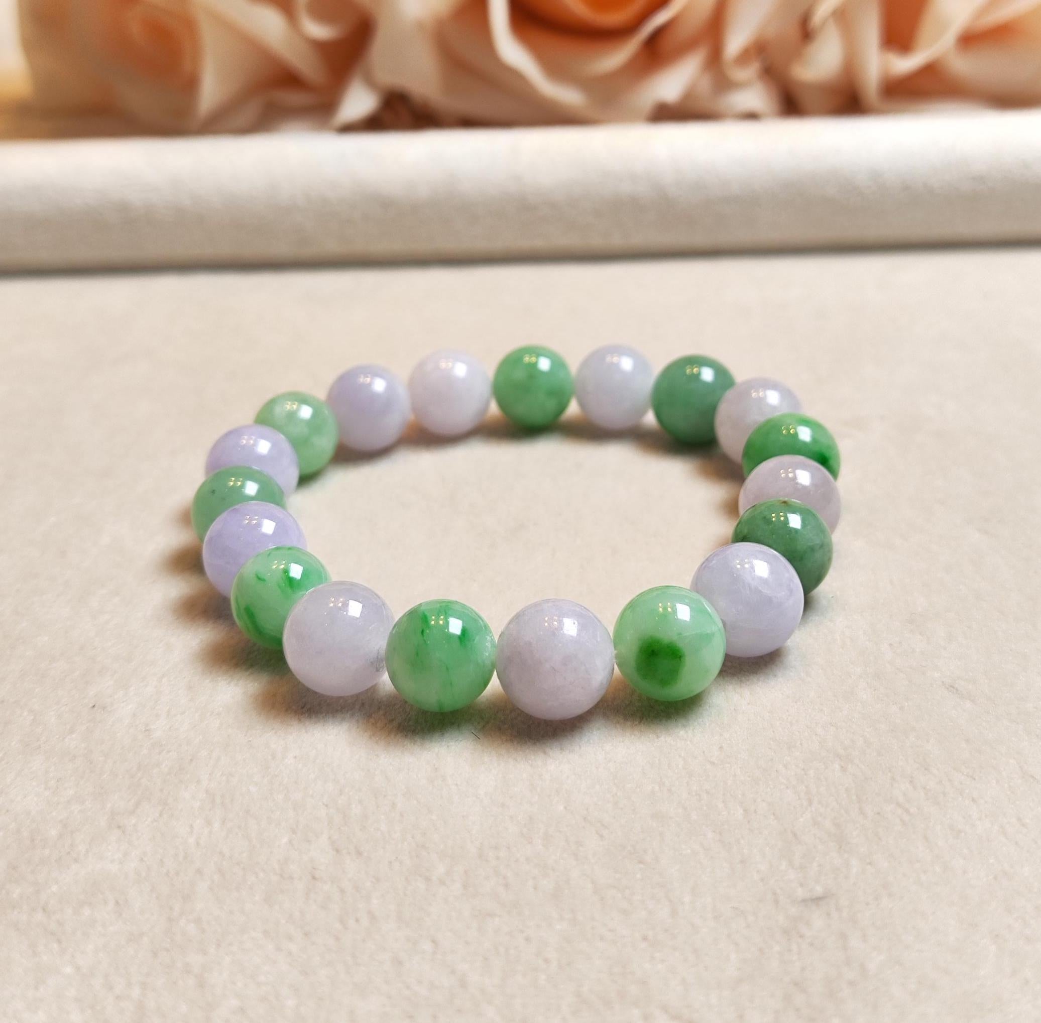 Alternating Green and Purple Jade Beaded Bracelet - 9-9.5mm Beads, 17cm, Natural Jadeite