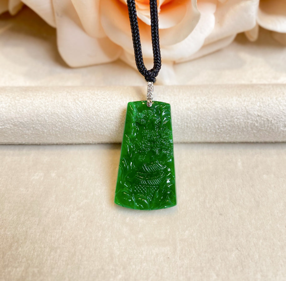 Imperial Green Jade Pendant with Mountain Carving, 18K White Gold & Diamonds