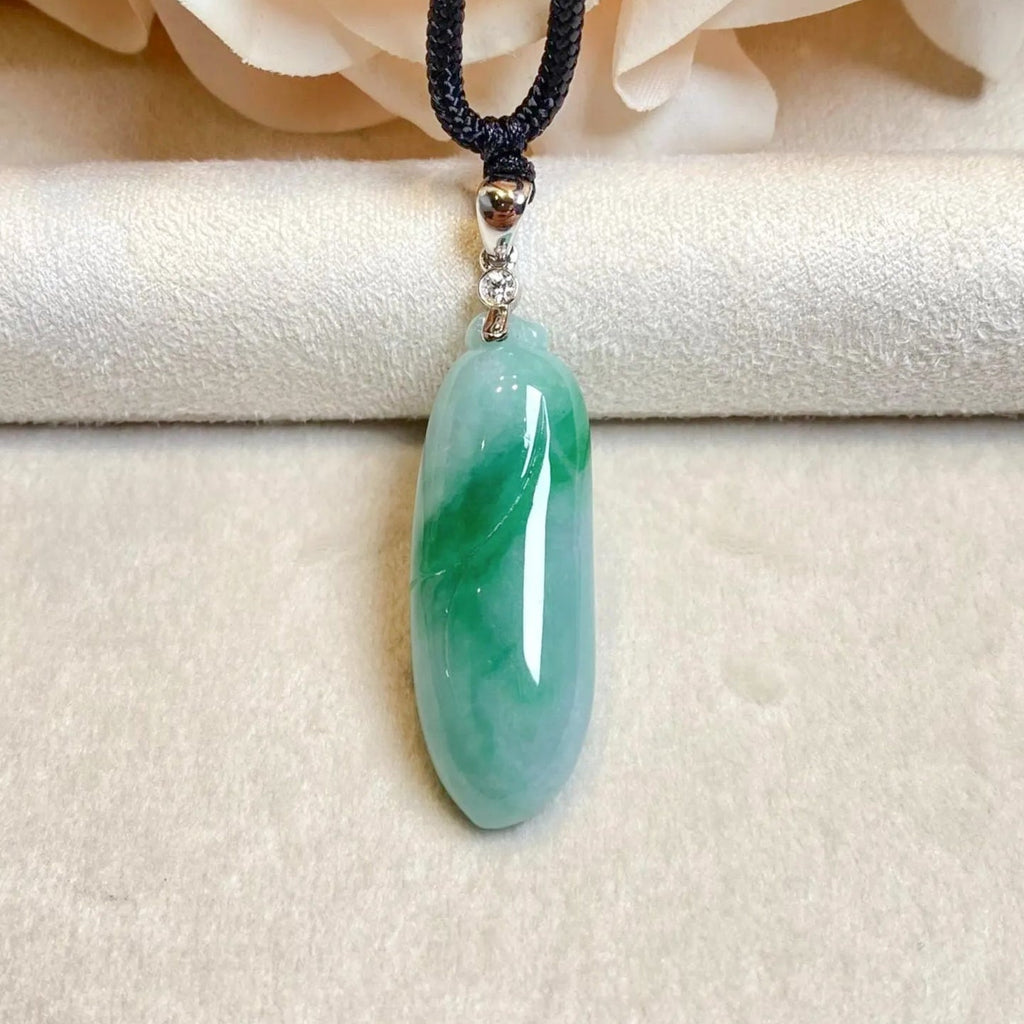 Gransky Handmade Melon Shape Green Jade Pendant 18k White Gold Bail Diamond