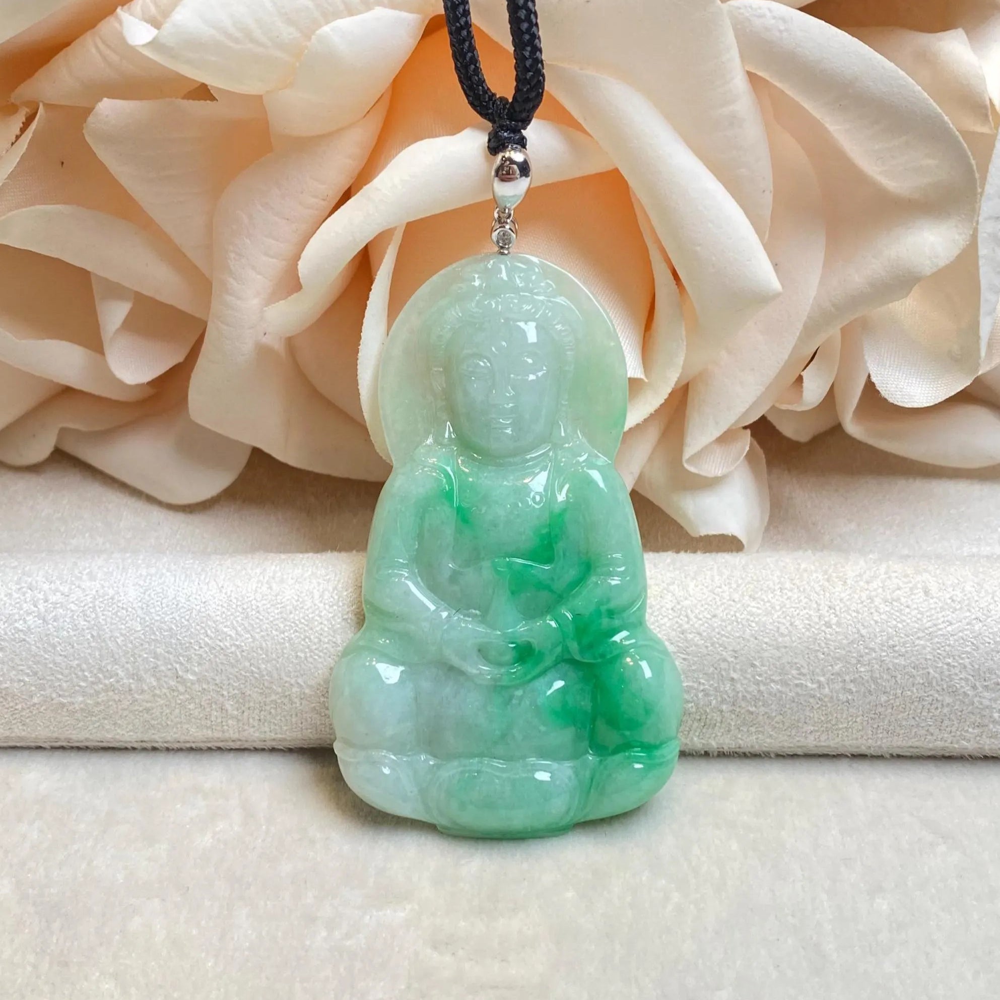 Gransky Handmade GuanYin Apple Green Jade Pendant 18k White Gold and Diamond