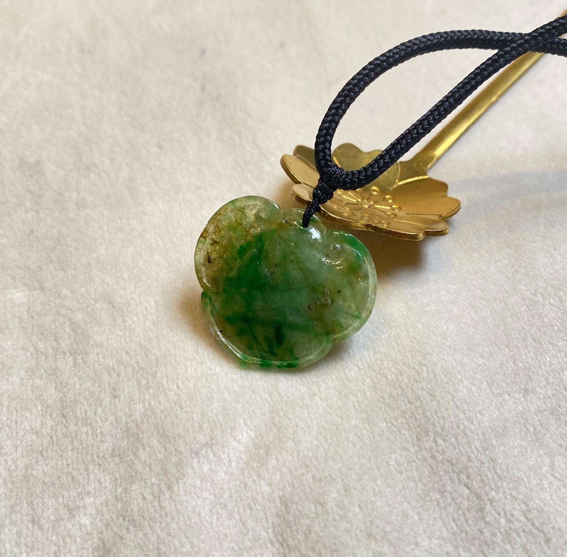 Natural Type-A Jadeite Ruyi Pendant in Green and Orange