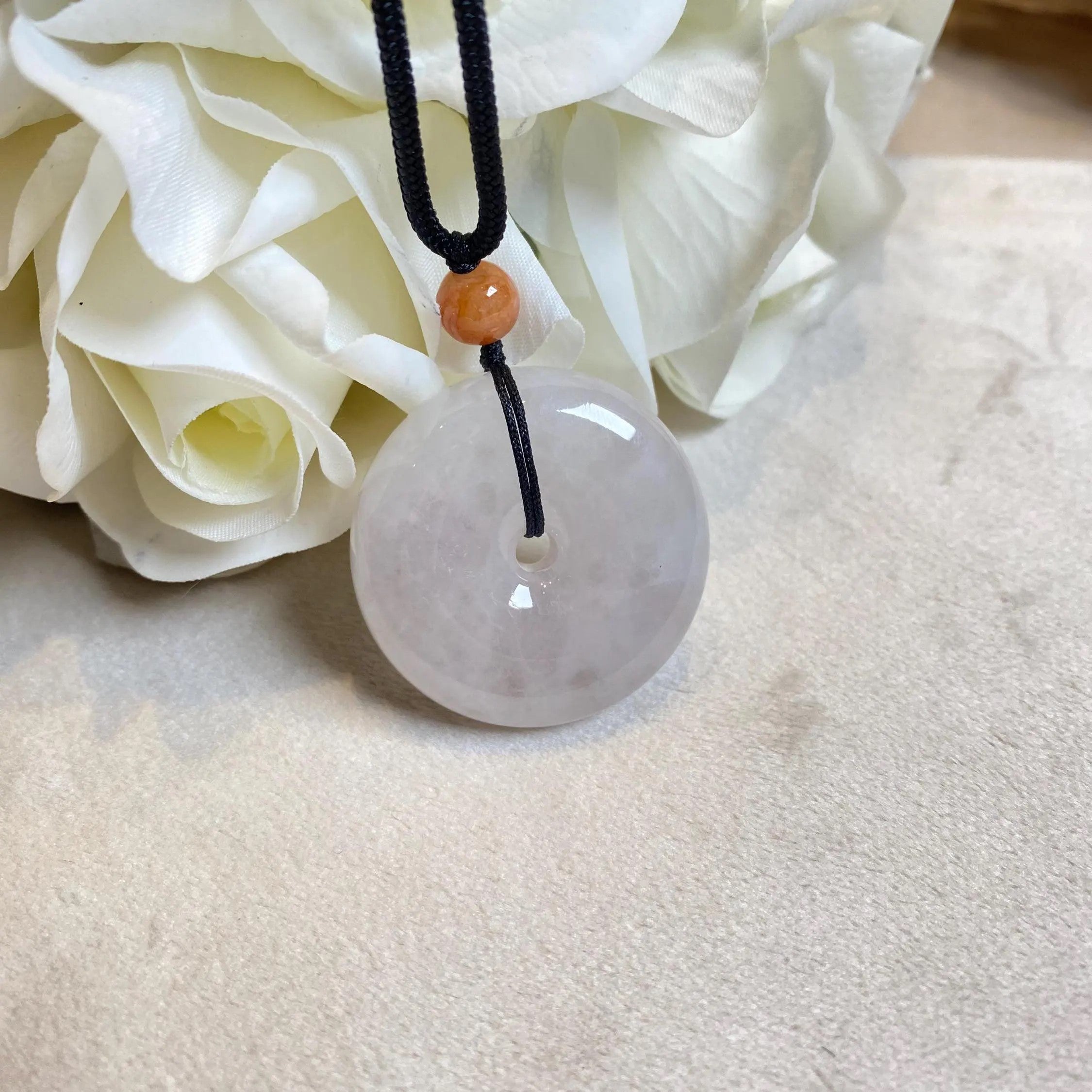 Handcrafted Ruyi Jade Pendant - Icy White Burmese Jadeite with Brown Bead