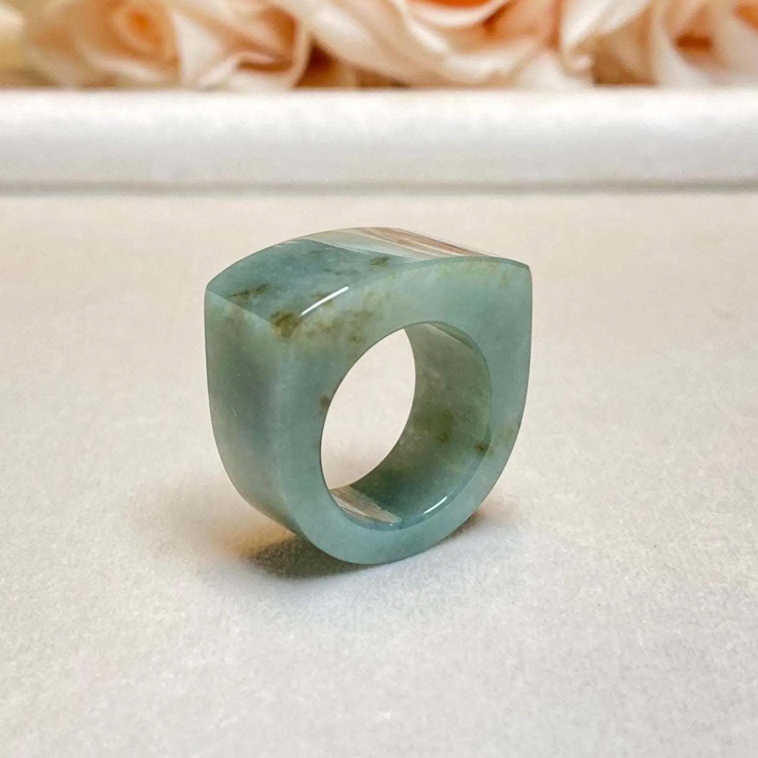 Size 8.25/8.5 Green and Brown Jade Saddle Ring - Natural Type-A Burmese Jade