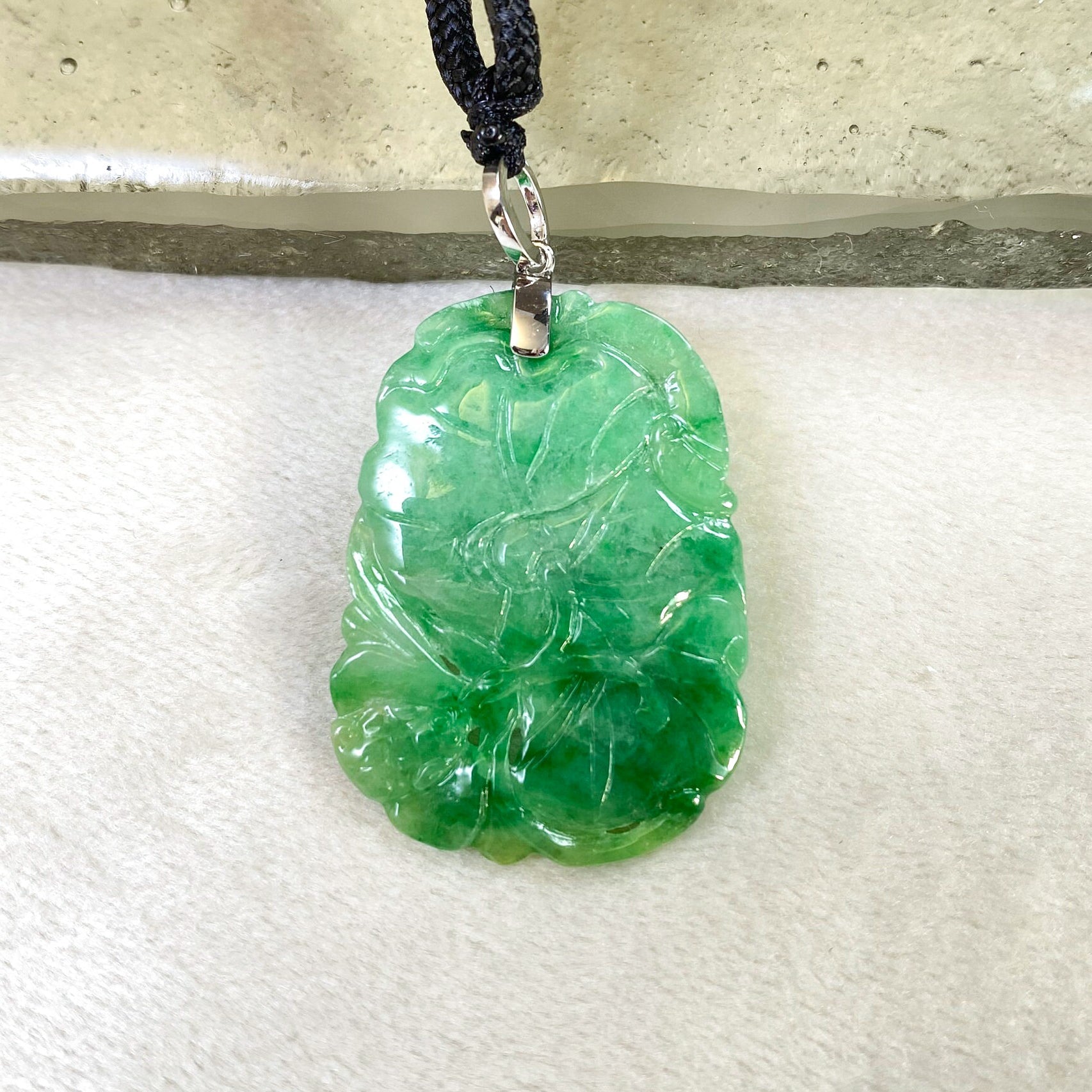 Bright Green Jade Ruyi & Lotus Pendant - 18K White Gold Bail