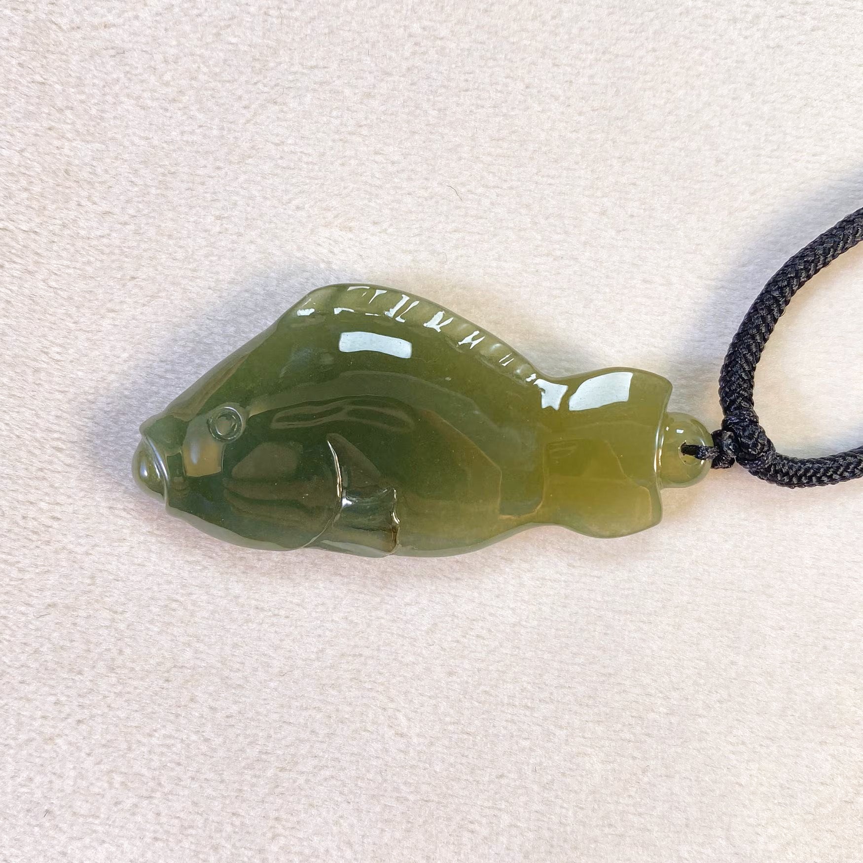 Dark Green Carved Fish Jade Pendant Necklace, Adjustable Black Cord, Meaningful Gift, Natural Jade Jewelry