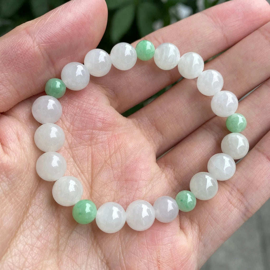 Green and White Jade Beaded Bracelet Natural Type A Burmese Jade