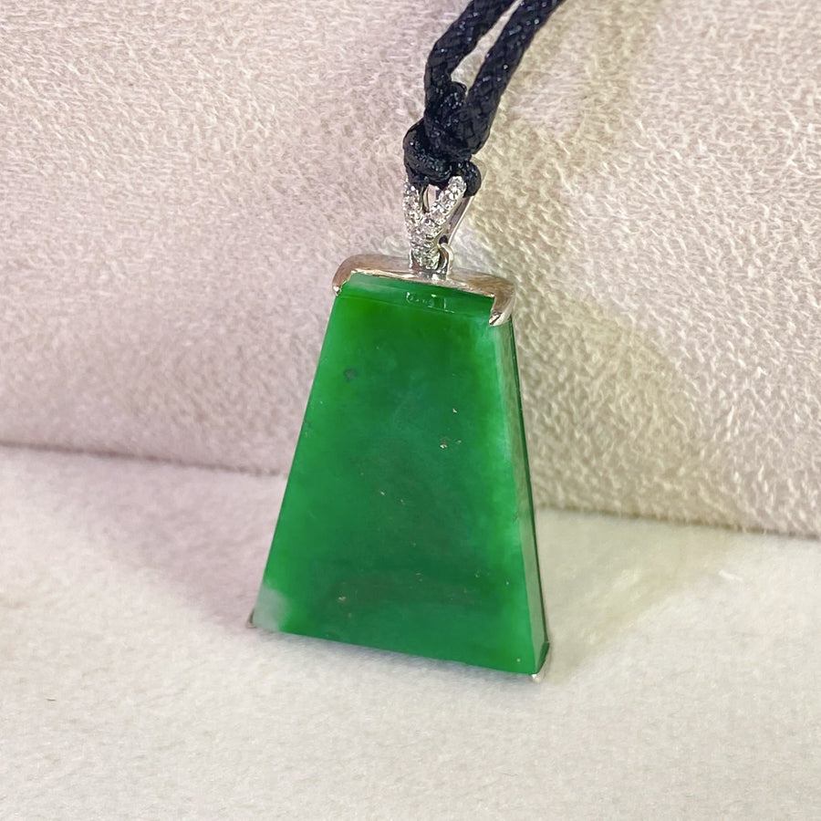 Green Jade Block Pendant in 18K White Gold with Diamonds, Genuine Burmese Jadeite