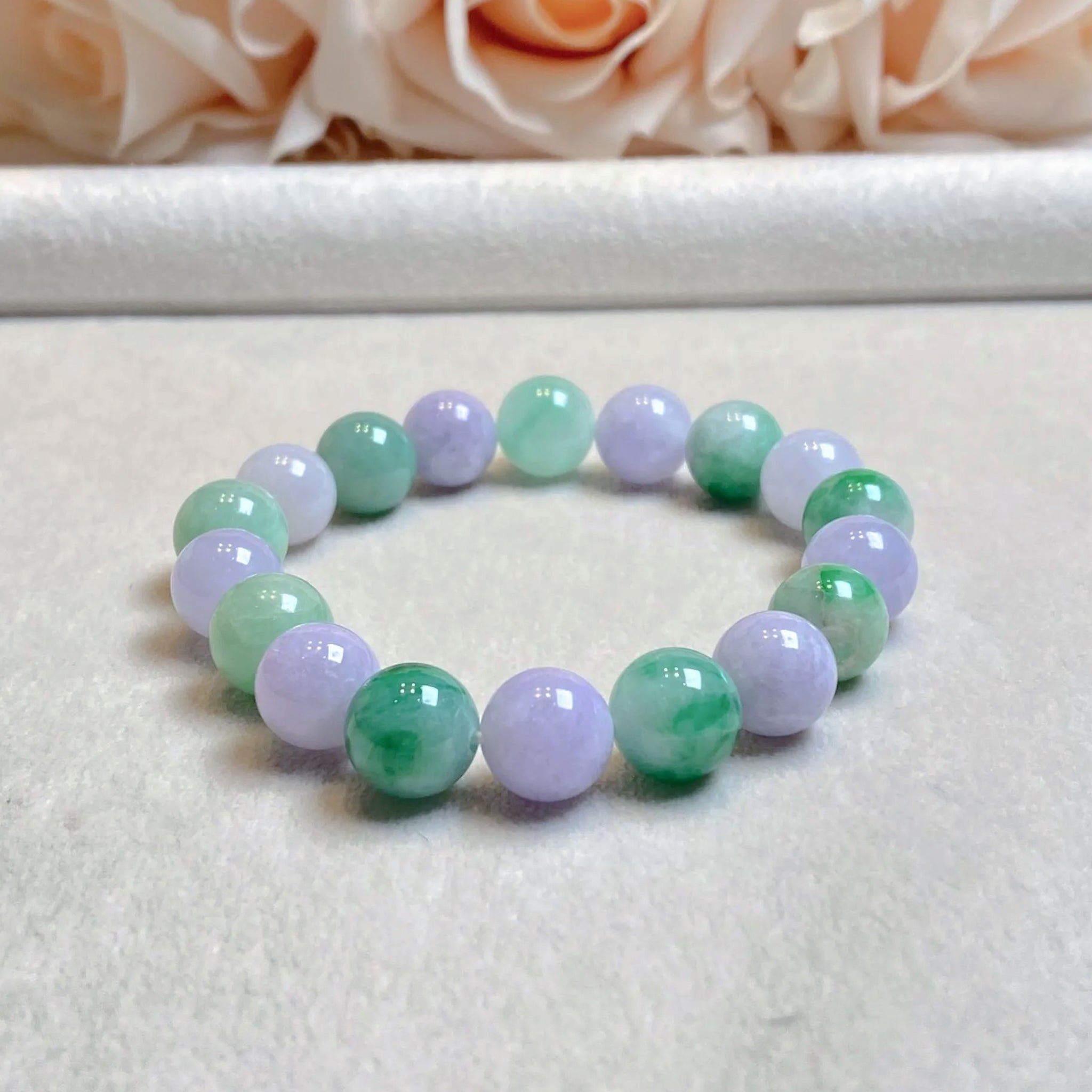 Alternating Green and Purple Jade Beaded Bracelet - 9-9.5mm Beads, 17cm, Natural Jadeite