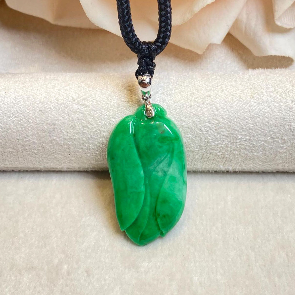 Natural Green Carved Jade Pendant - 18k White Gold Bail