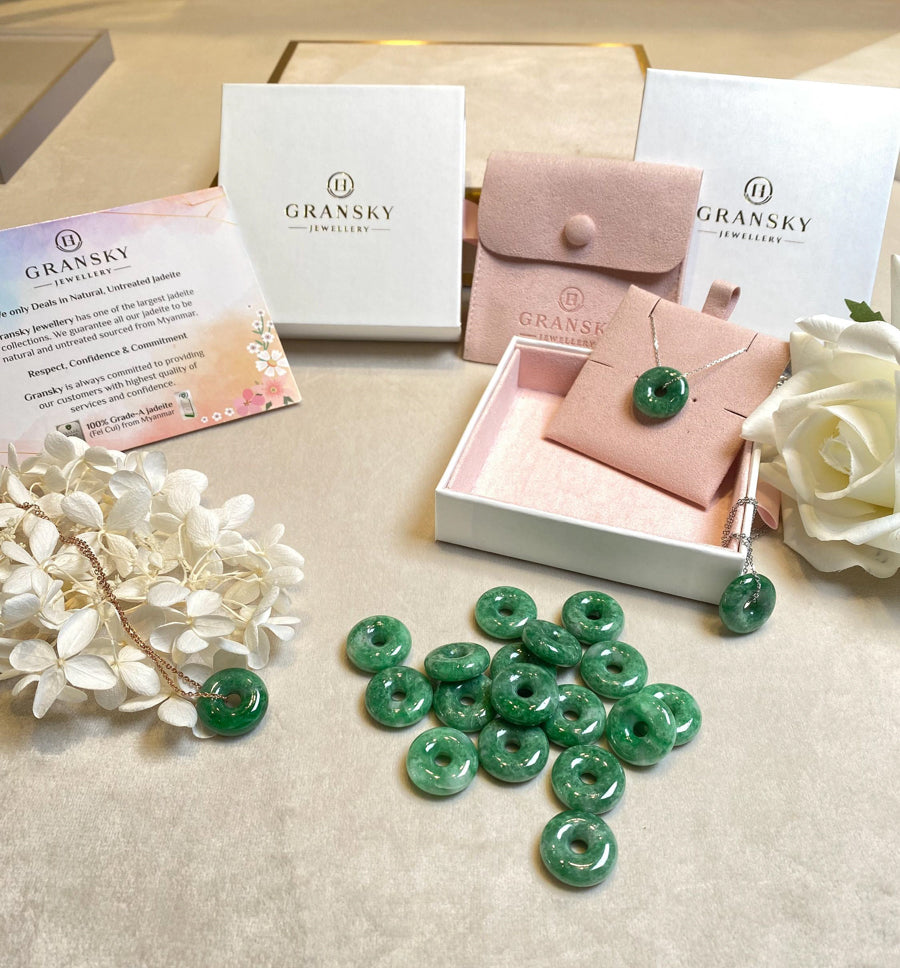 Gransky Green Jadeite Donut Disc Pendant Necklace - Natural Grade A Burmese