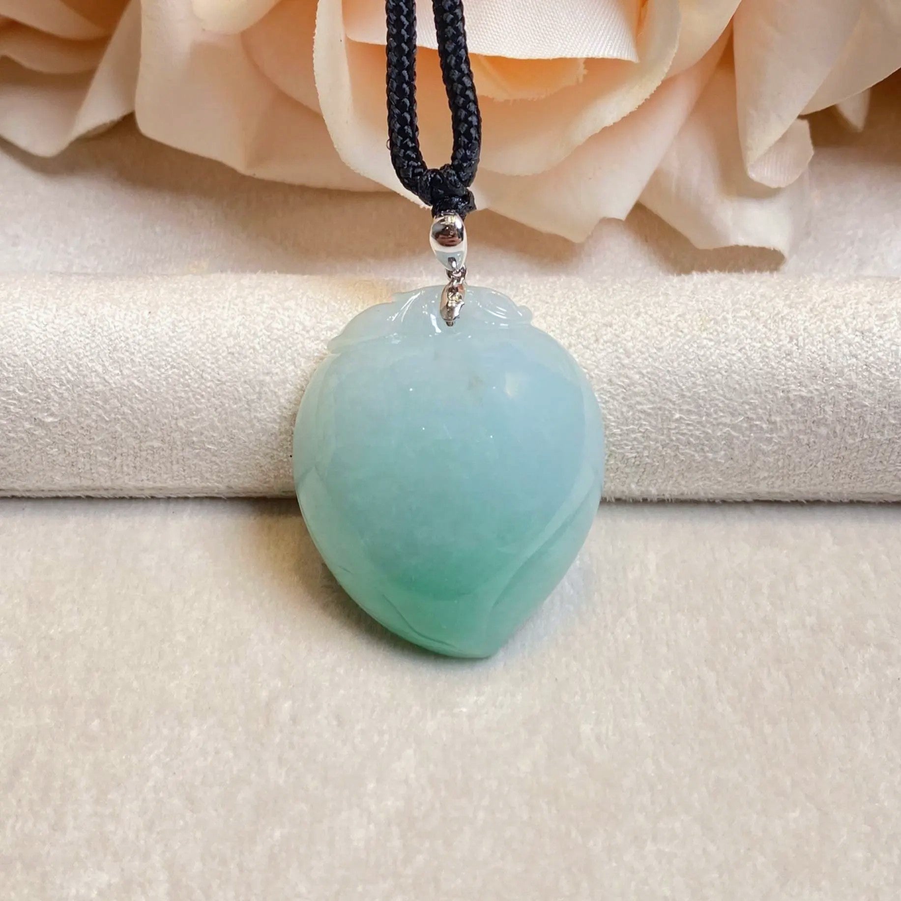 Imperial Green Peach Carved Burmese Jadeite Pendant in 18K White Gold Bail