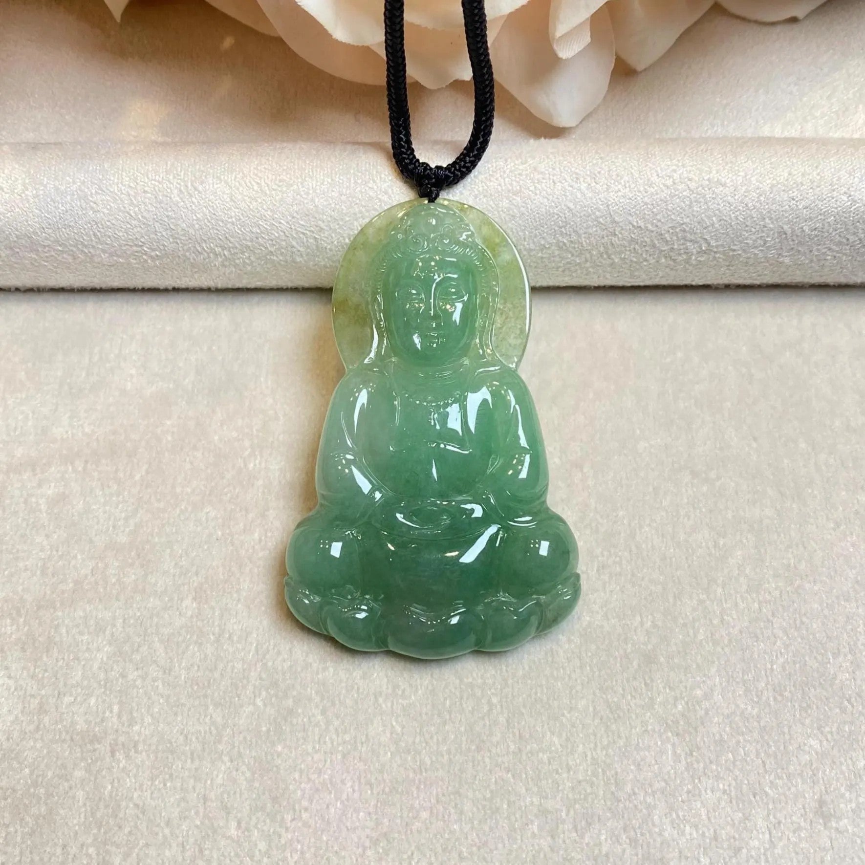 GuanYin Brownish Green Jade Pendant Necklace