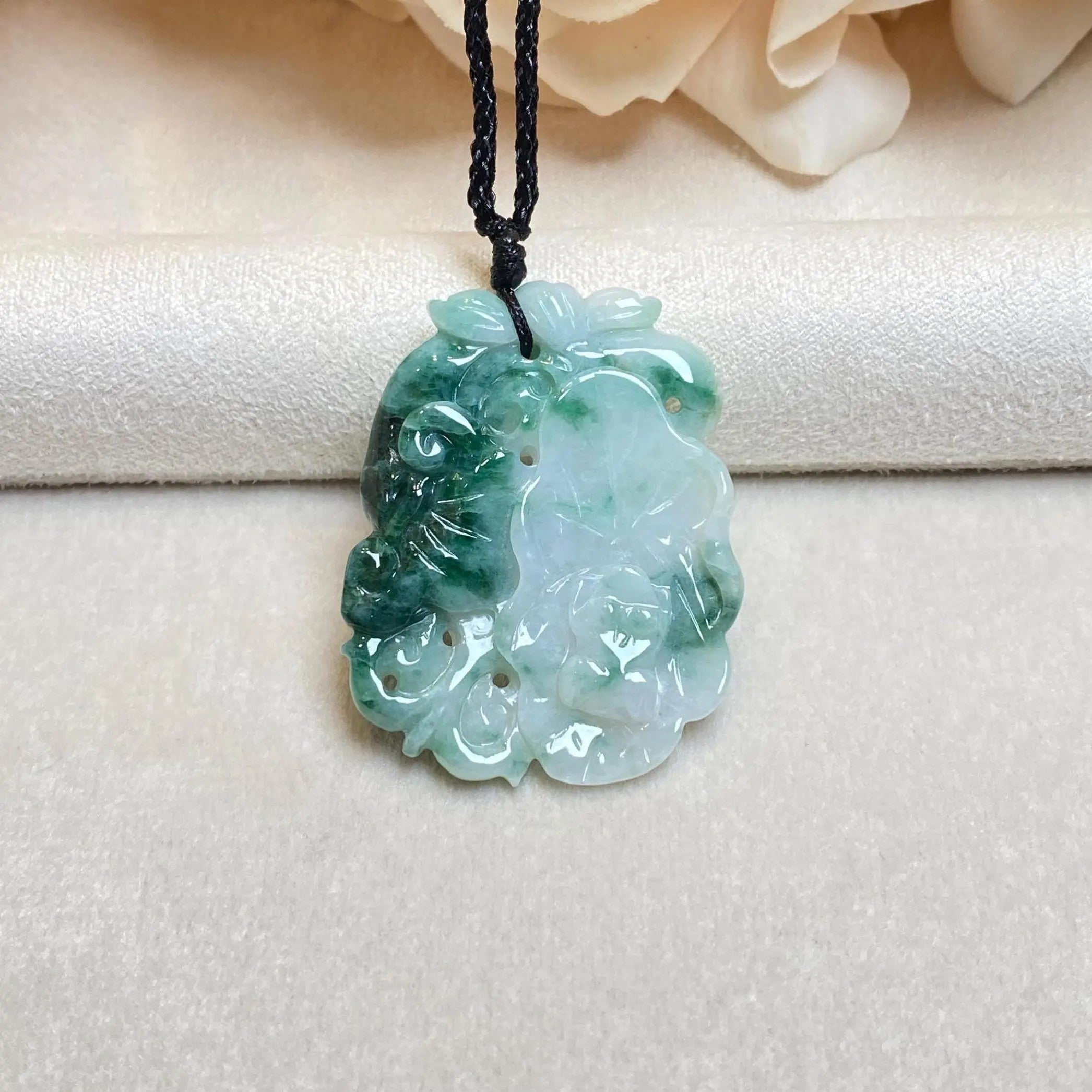 Natural Green Jadeite Pendant - Carved Lotus Leaf with Ruyi and Frog