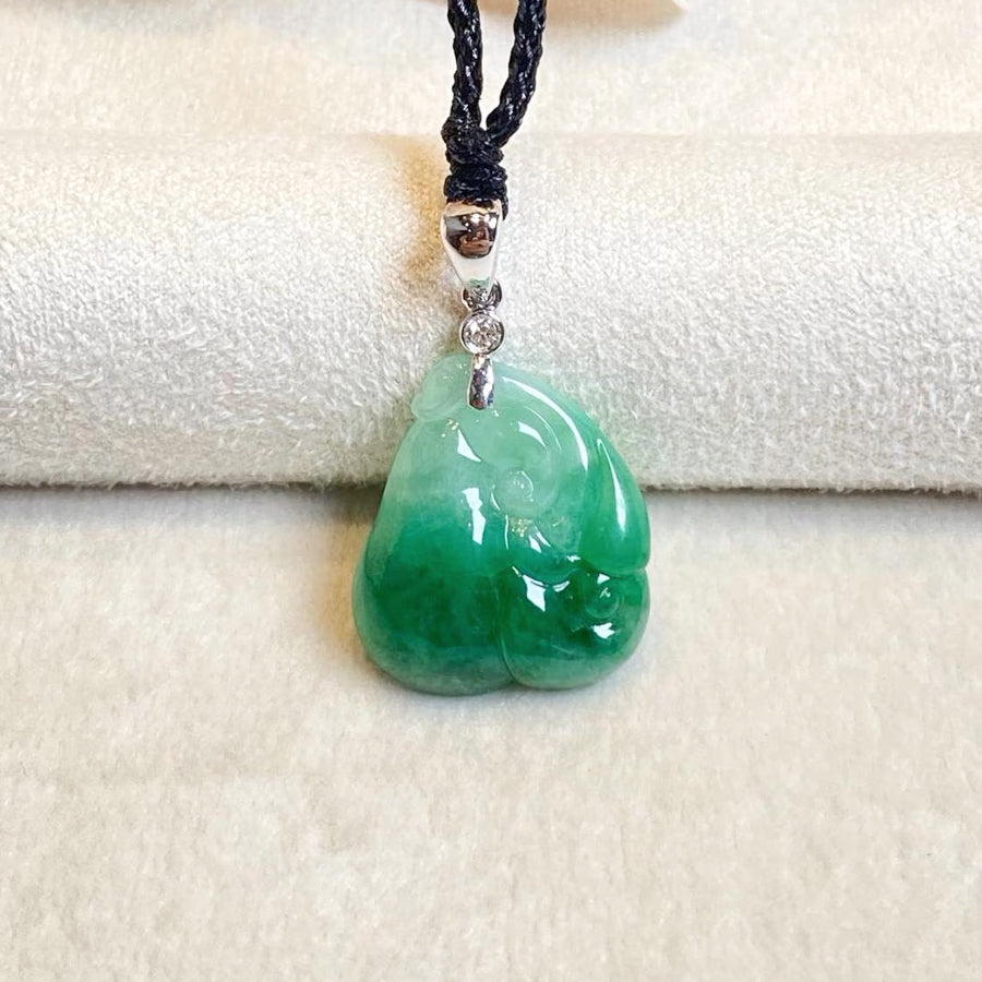 Natural Green Jadeite Pendant 18k White Gold Diamond - Carved Ruyi Jade