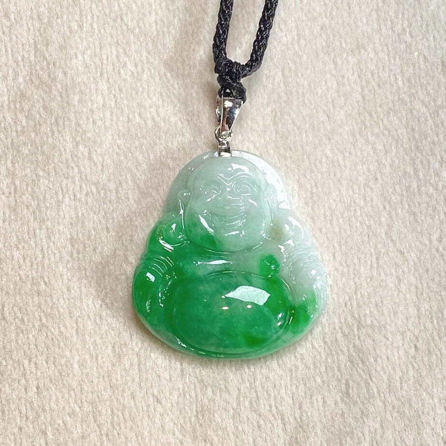 Green Jade Buddha Pendant with 18k Gold Bail - Symbol of Peace and Serenity