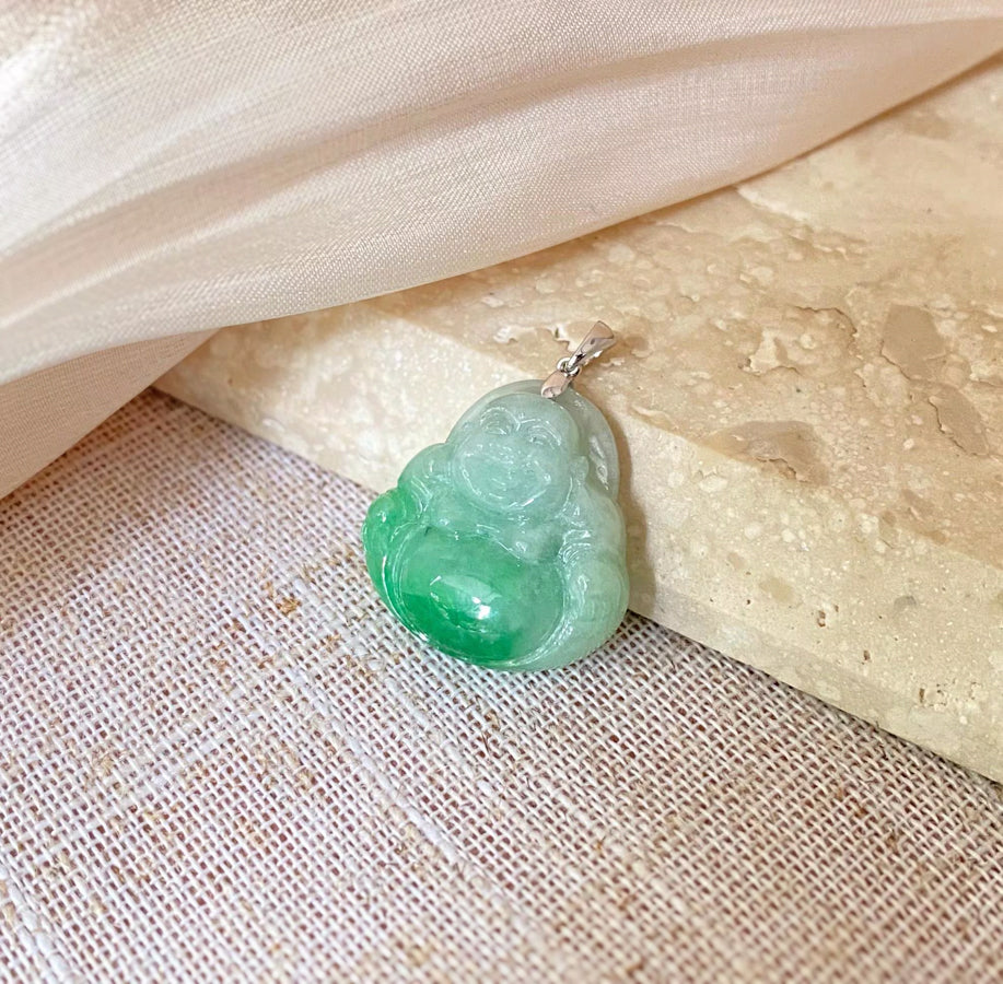 Green Jade Buddha Pendant with 18k Gold Bail - Symbol of Peace and Serenity