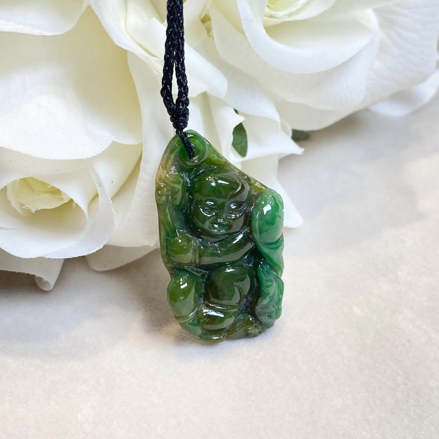 Handcrafted Tri-Color Jade Happy Monk Pendant with Lotus Leaf
