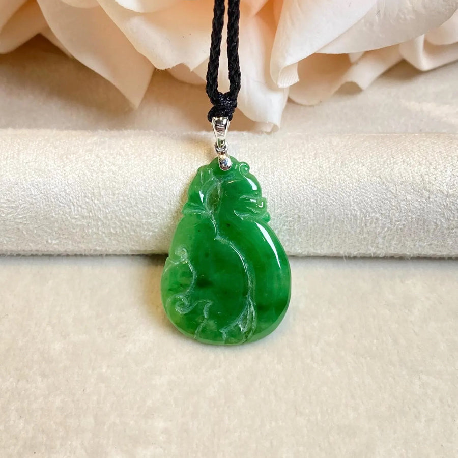 Natural Green Ruyi Jade Pendant 18k White Gold Bail - Untreated Burmese Jadeite