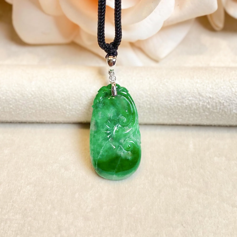 Gransky Carved Ruyi Jade Pendant in 18k White Gold Bail and Diamonds