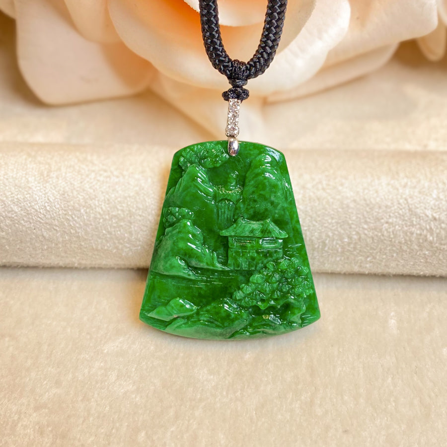 Imperial Green Jade Scenic Pendant with 18k White Gold Bail and Diamonds