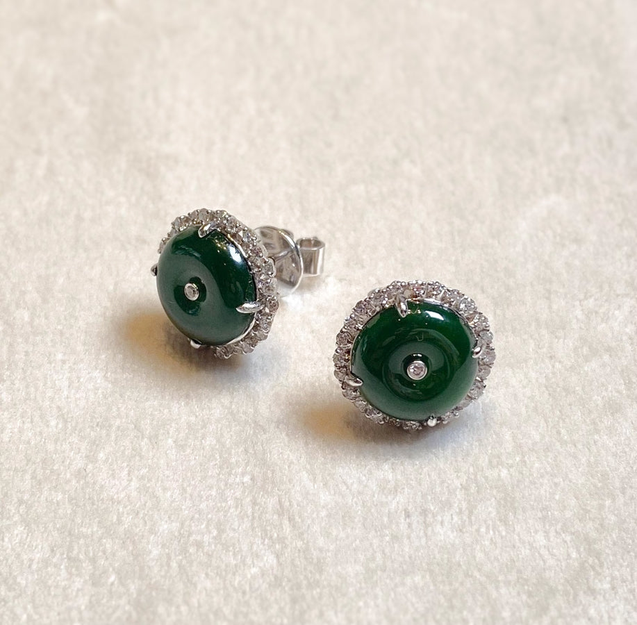 Imperial Green Jadeite & Diamond Round Disc Stud Earrings in 18K White Gold