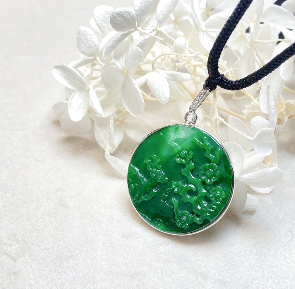Imperial Green Carved Jade Deer & Plum Scenery Pendant in 18K Gold & Diamonds