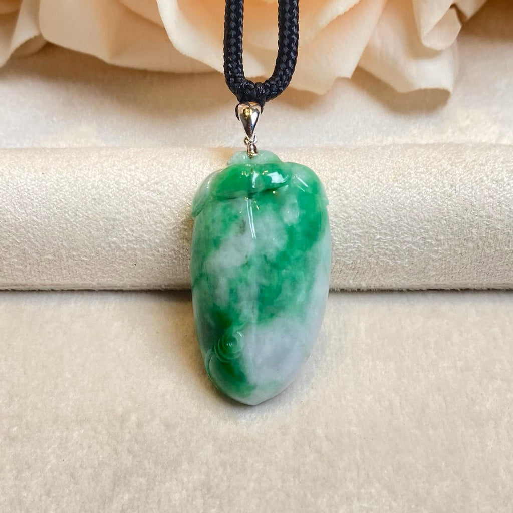 Natural Green Carved Peach Jade Pendant - 18k White Gold Bail