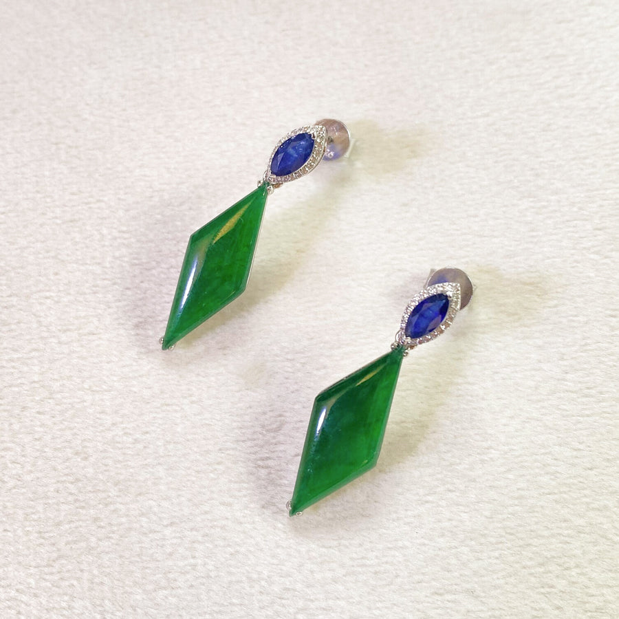 Natural Intense Green Jade Drop Earrings - 18K White Gold Diamonds Sapphire