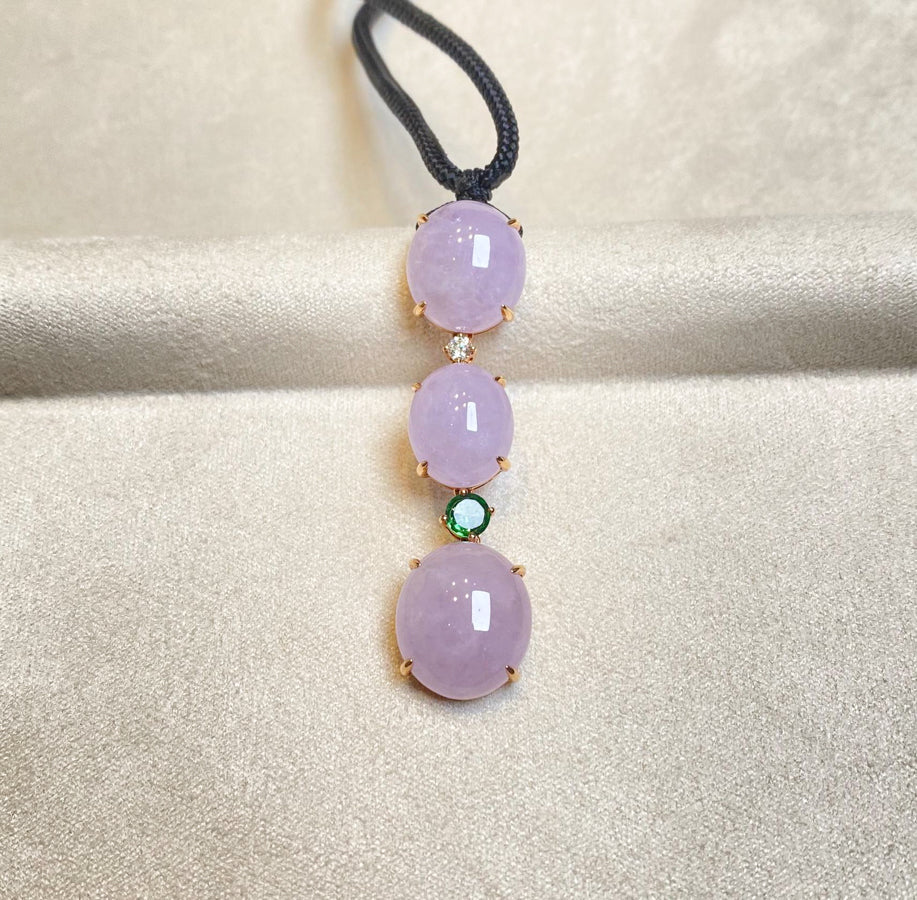 Triple Purple Jade Cabochon Pendant in 18K Rose Gold with Garnet Accents