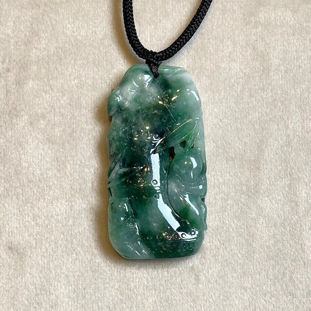 Natural Green Burmese Jadeite Bamboo Pendant with Fu Shu Carving – Adjustable Black String Necklace