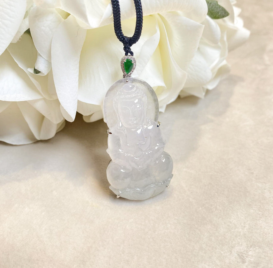 Gransky Handcrafted White Jadeite Guanyin Pendant Necklace in 18K White Gold with Diamonds