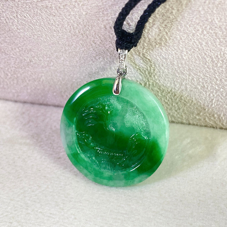 Scenic Round Green Jade Pendant Necklace - 18k White Gold Bail with Diamond
