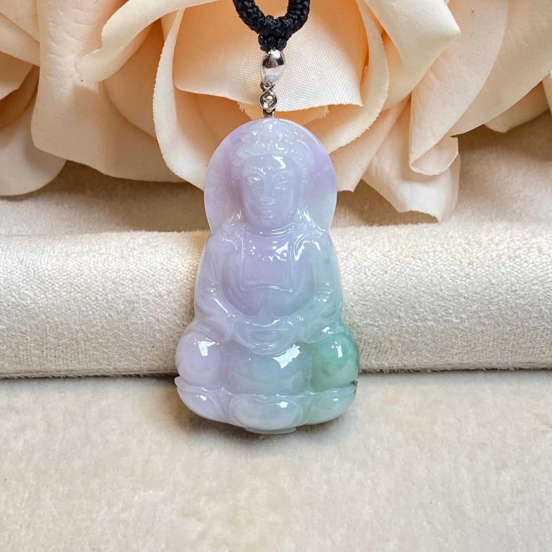 Gransky Handmade GuanYin (Kwan yin) Green and Purple Jade Pendant 18k White Gold Bail