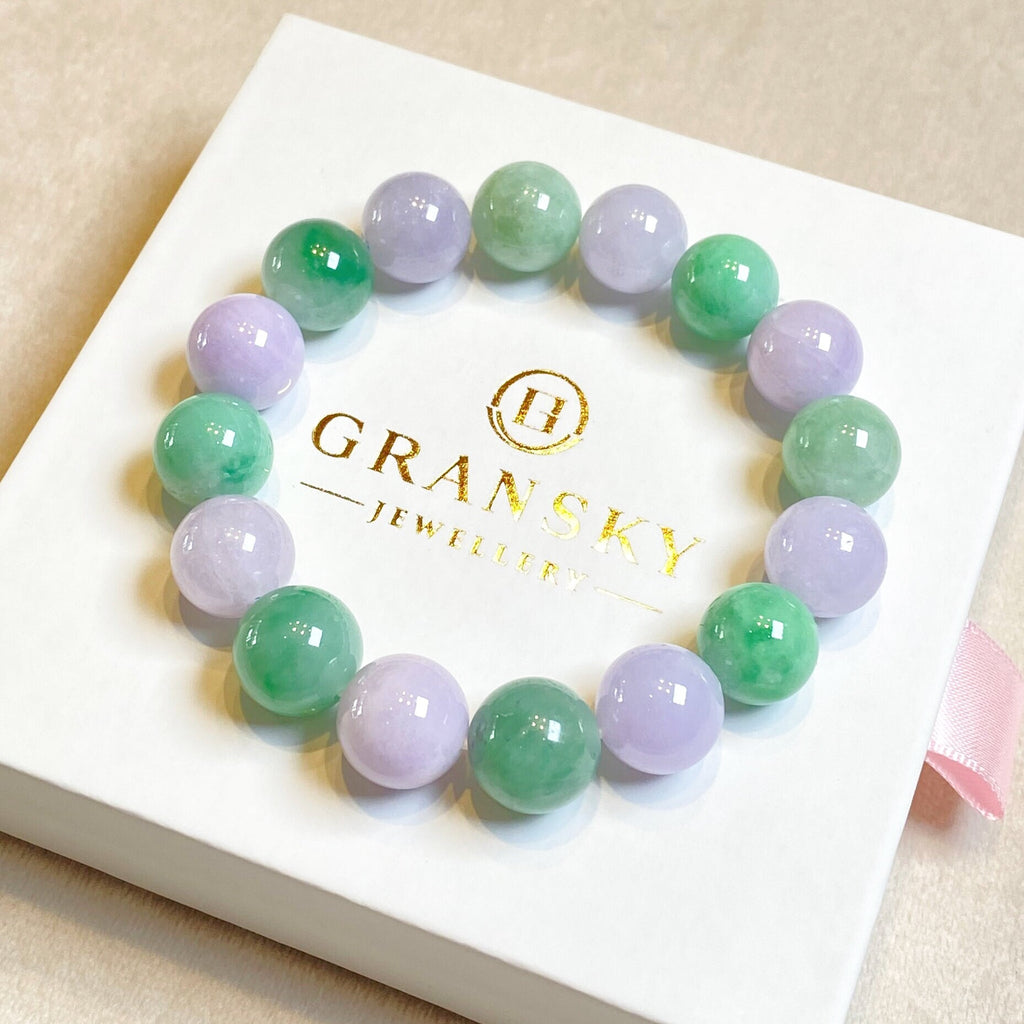 Jade Beads Bracelet, Purple and Green Jadeite Beaded Bracelet, 12mm Beaded Jade, Type A Jadeite