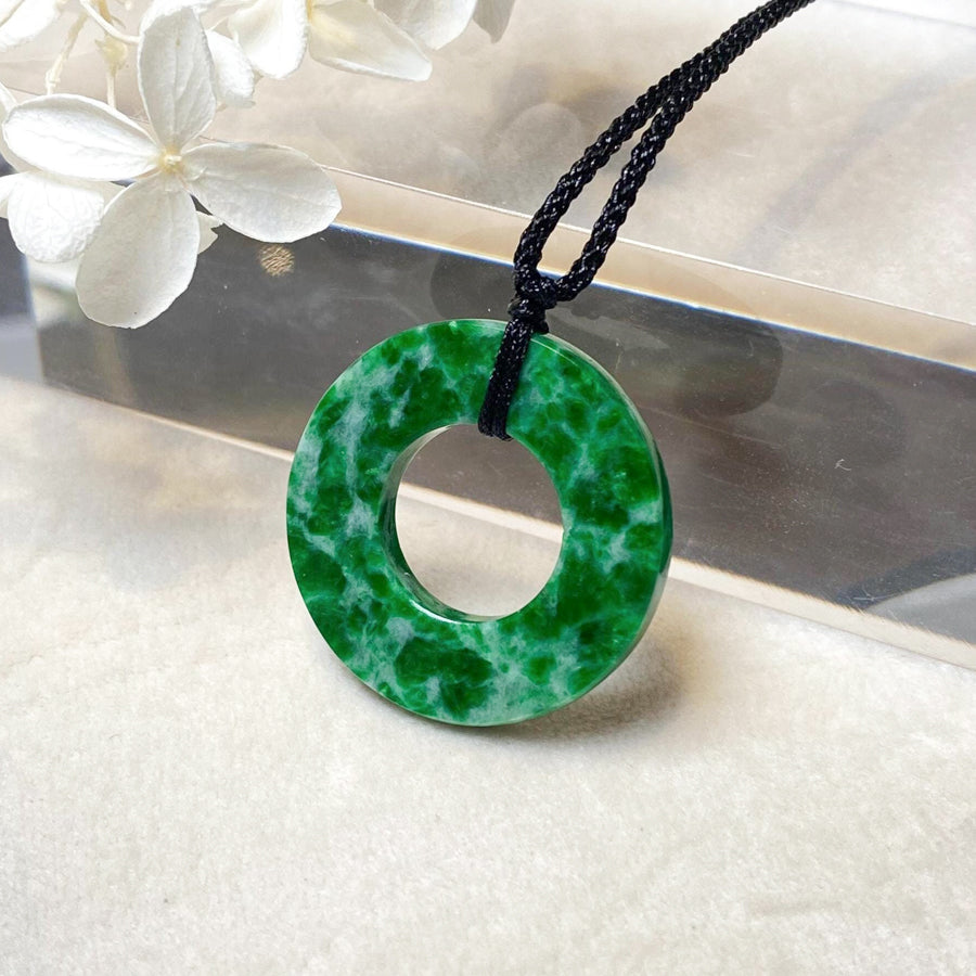 Natural Type A Jadeite Round Disc Pendant - Intense Green Jade with Adjustable String