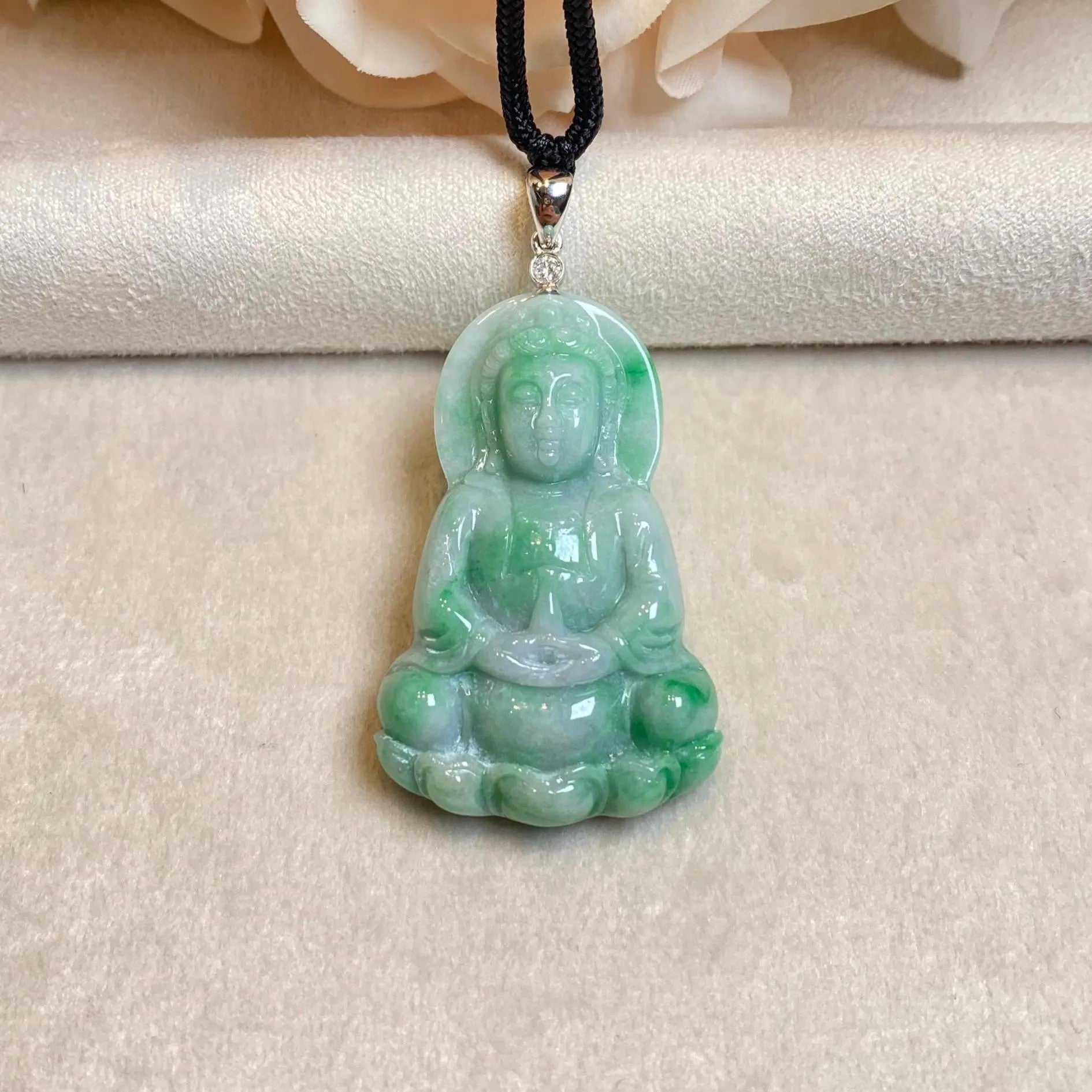 GuanYin Green Jade Pendant 18k White Gold and Diamonds