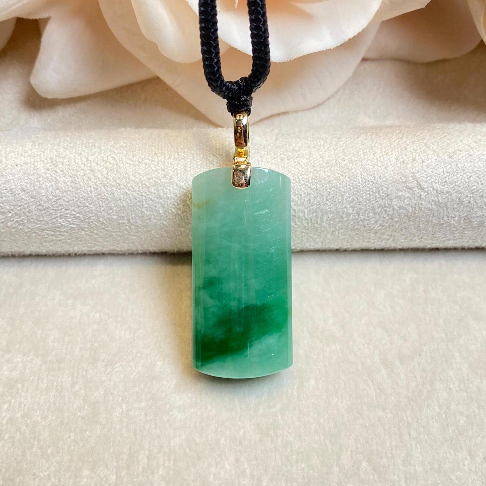 Green Jade Block Pendant Necklace 18k Yellow Gold Bail - Certified Type-A Jadeite