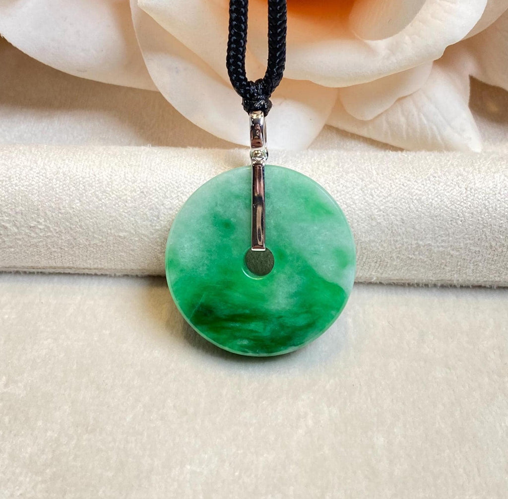 Intense Green Round Disc Jade Pendant Gold Bail - 34.2mm Width Adjustable Cord