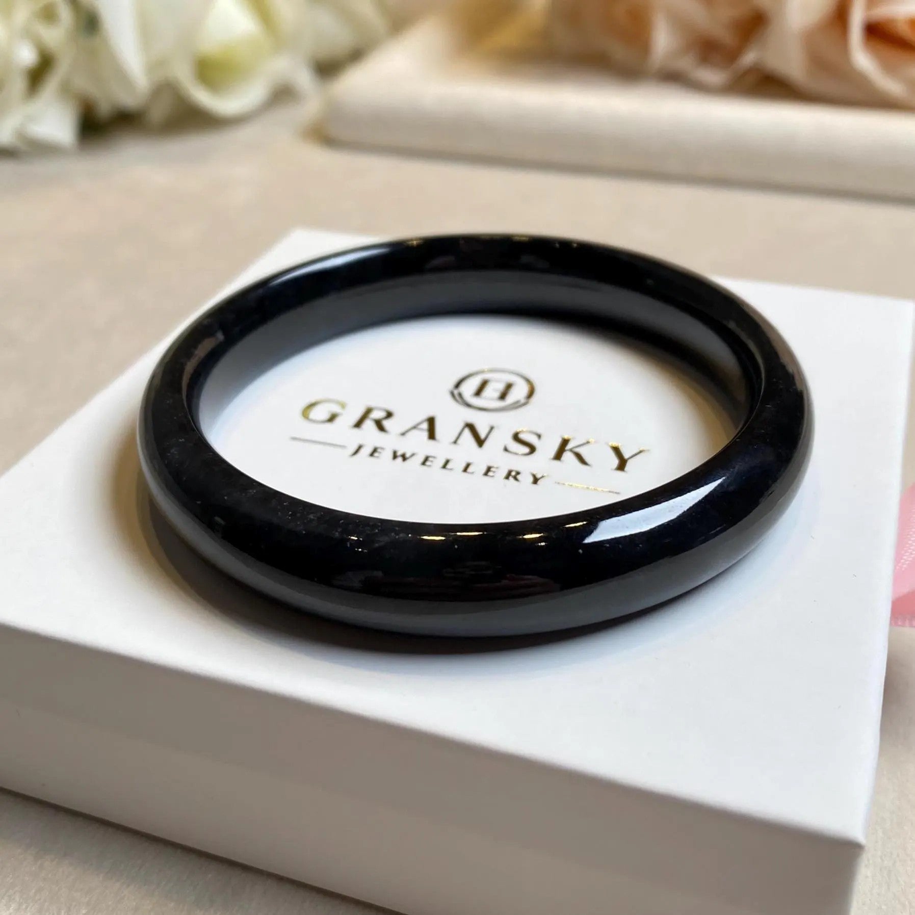 57.5mm Natural Black Burmese Jadeite Bangle Bracelet –  Flat Jade Bangle