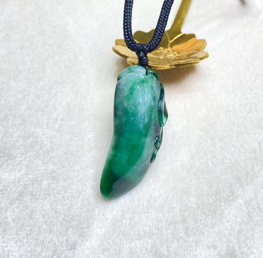 Intense Green Hand-Carved Jade Melon Pendant with Adjustable Black String