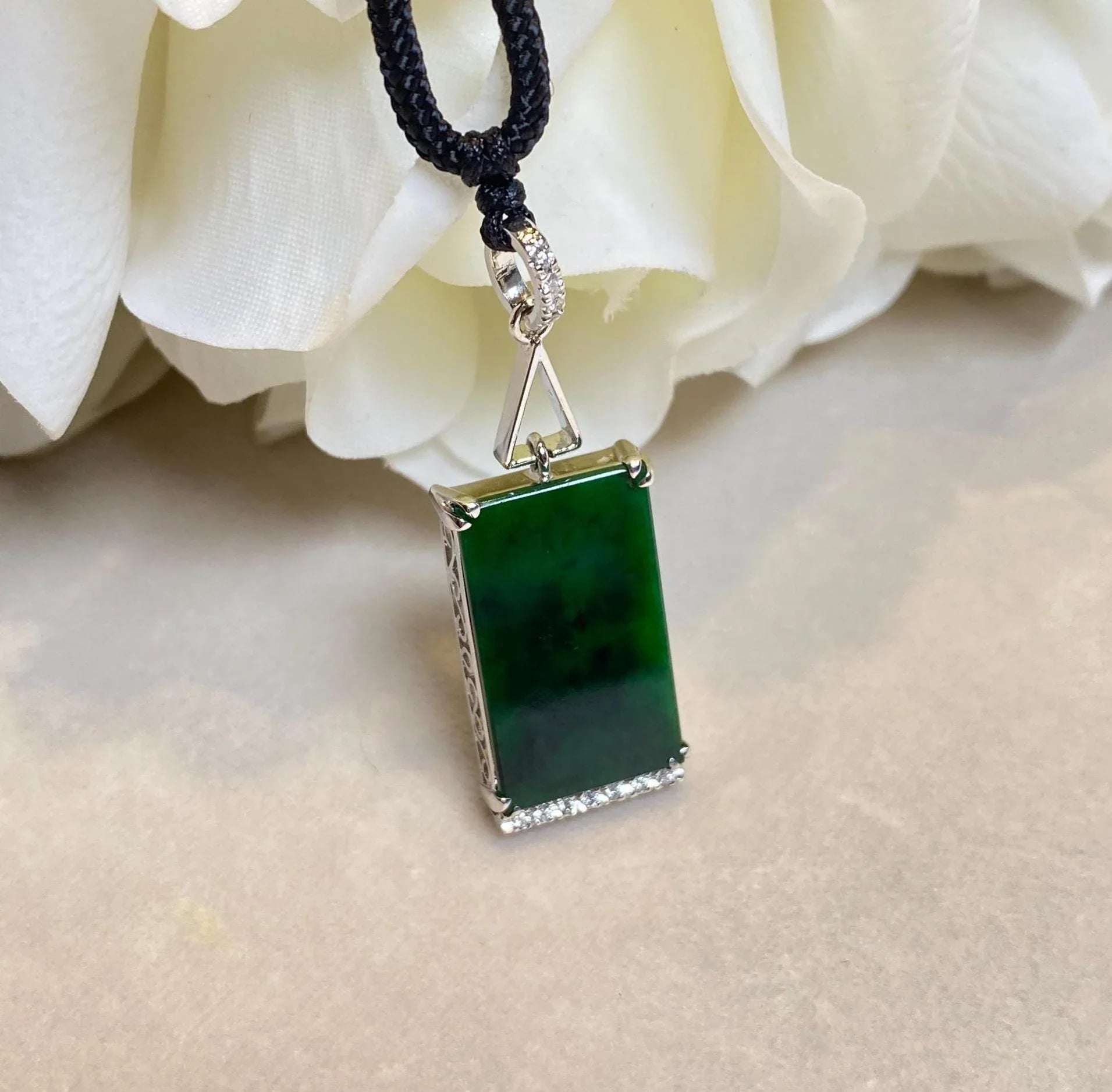 Black Burmese Jadeite Pendant in 18K White Gold with Diamonds