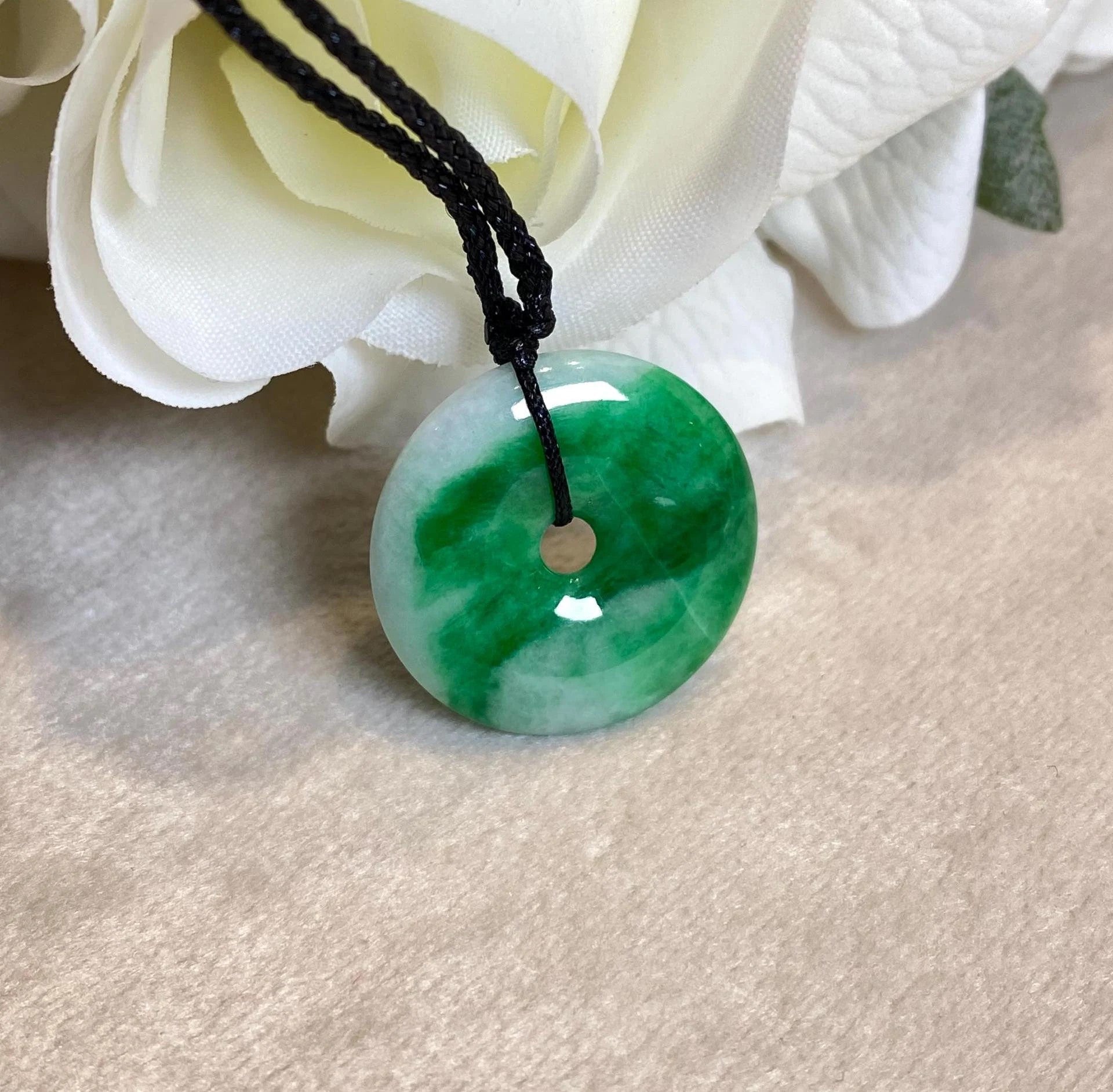 Delicate Green Round Disc Jade Pendant - 22.2mm Width Adjustable Cord