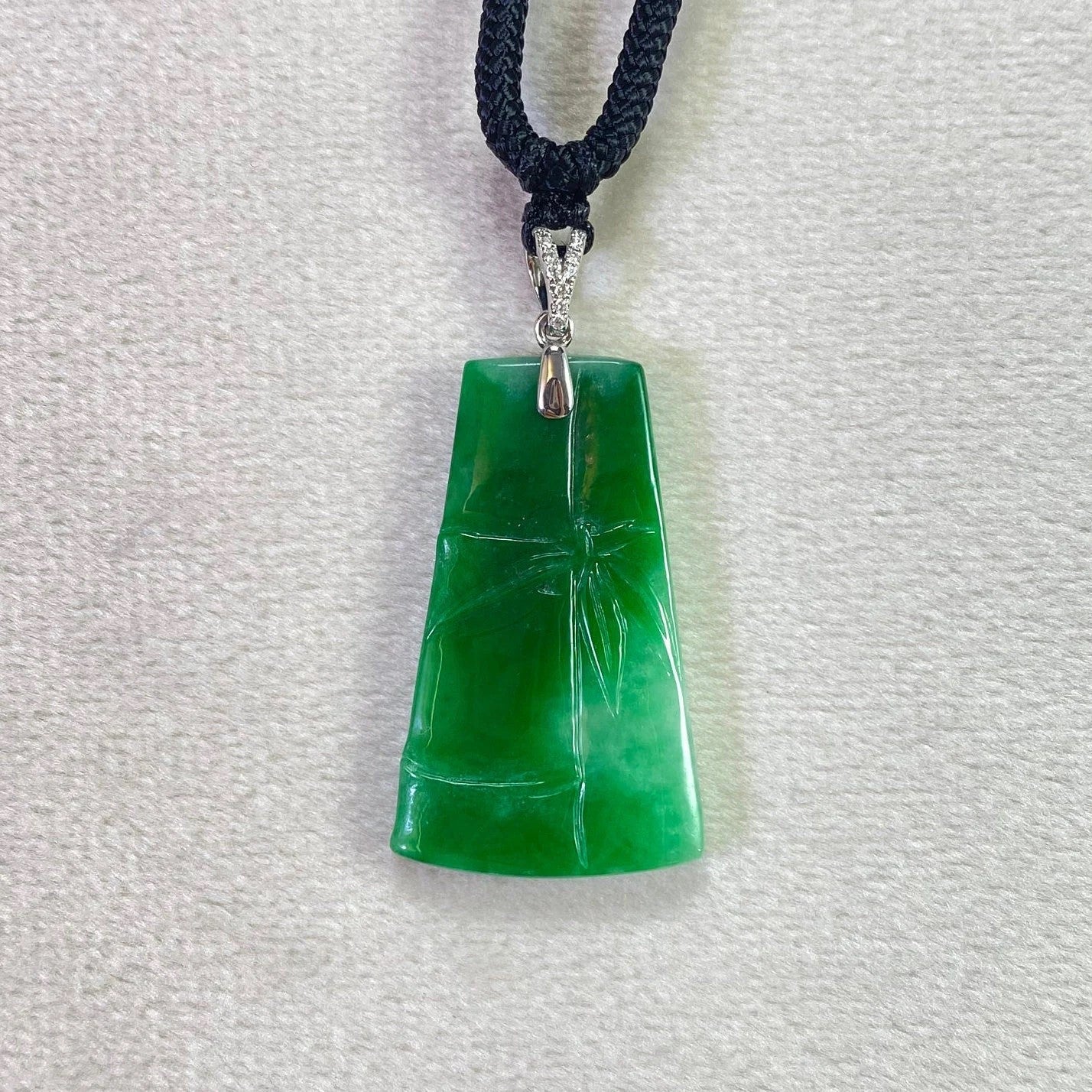 Bright Green Delicate Bamboo Jade Pendant 18k Gold Bail Diamonds