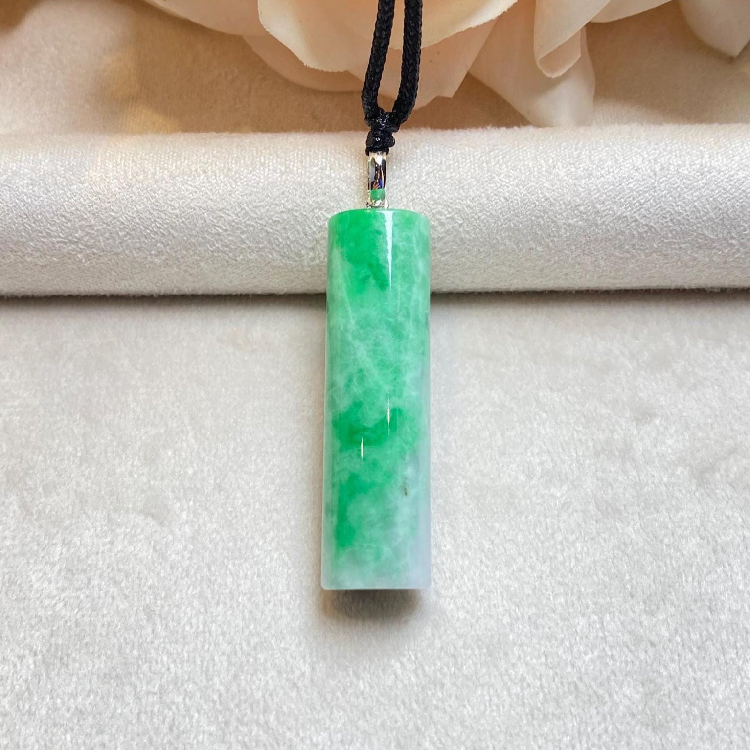 Genuine Green Jade Rod Pendant 18k White Gold Bail – Natural Untreated Burmese Jadeite