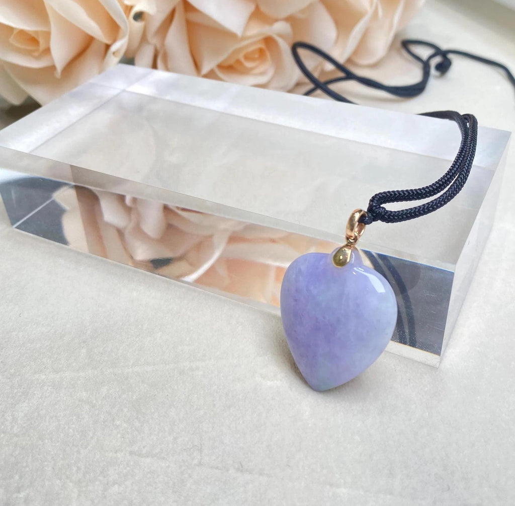 Deep Purple Jade Heart Pendant in 18k Yellow Gold Bail - Natural Burmese Jade Jewelry