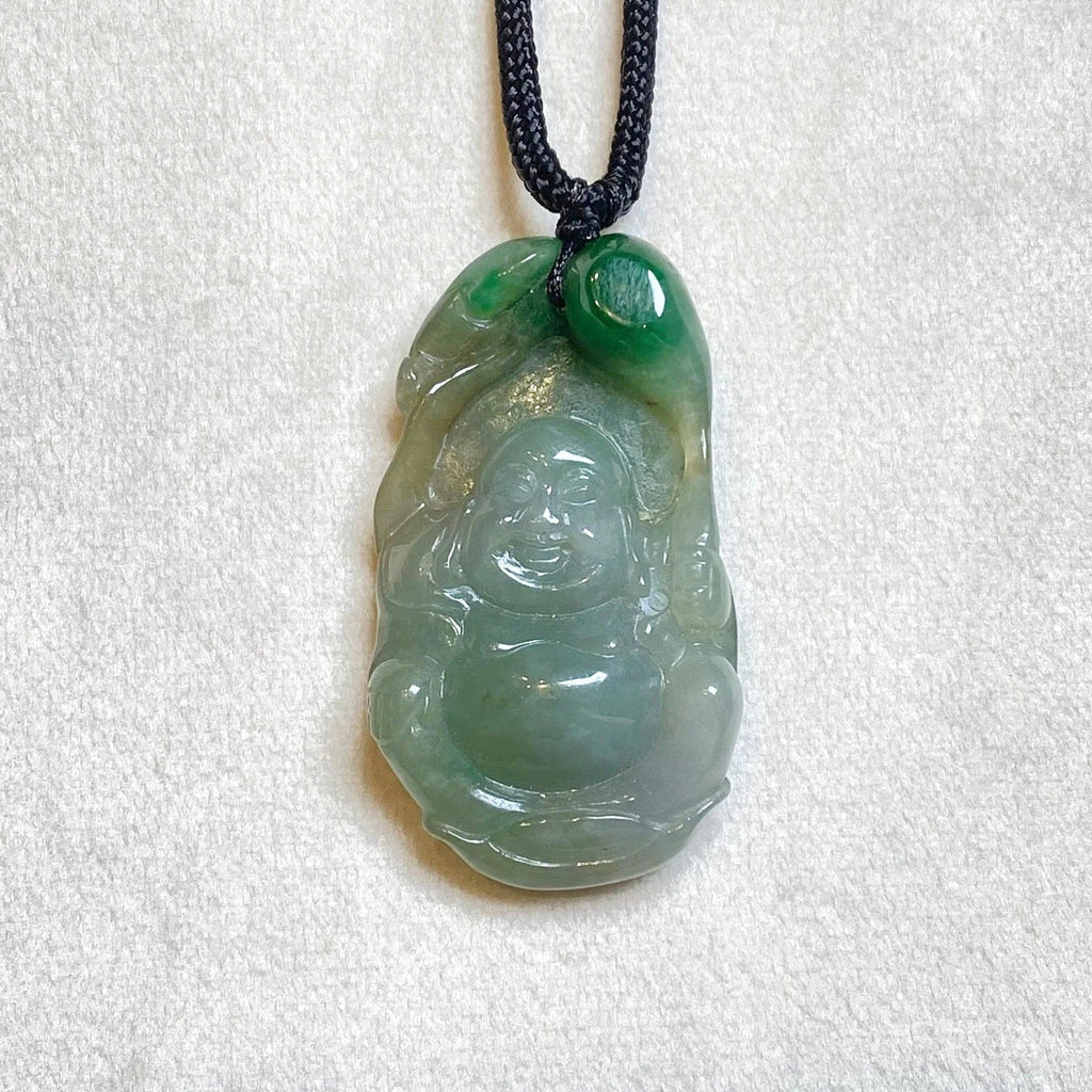 Hand-Carved Green and Brown Jade Happy Buddha Pendant – Spiritual Jewelry