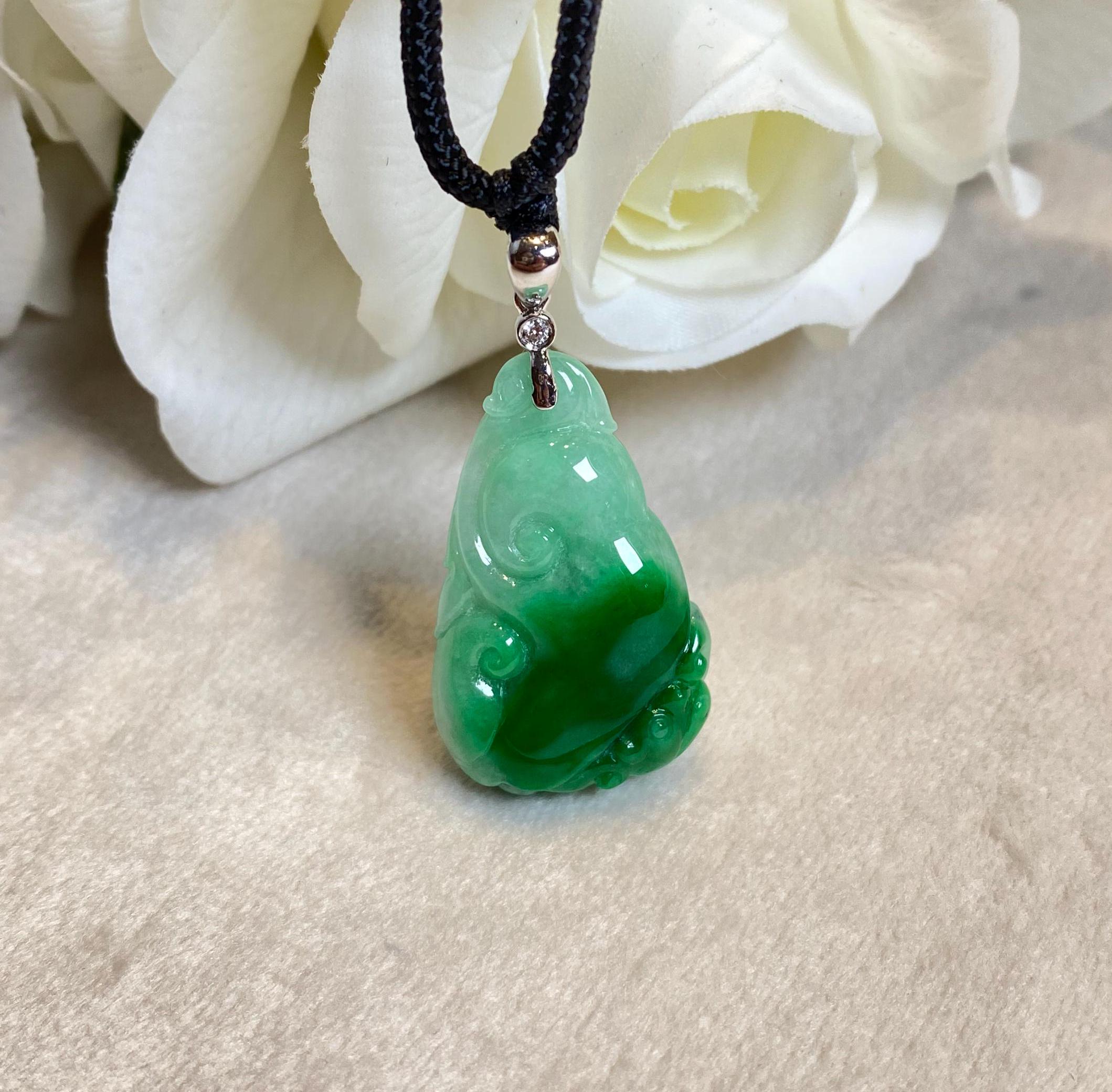 Natural Green Jadeite Pendant - Carved Ruyi Jade
